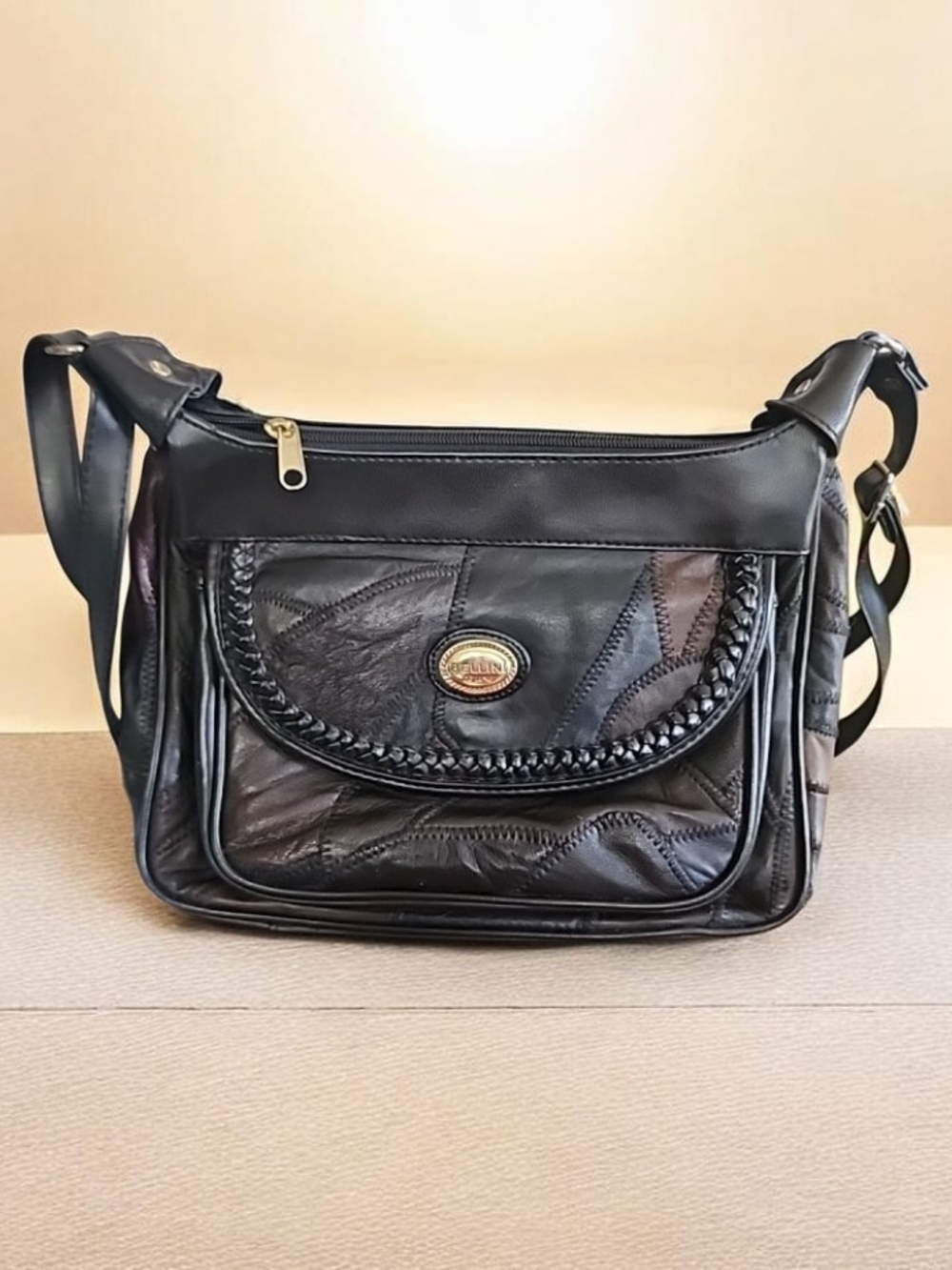 Vintage Bellini de Luxe Black Patchwork Leather Shoulder Bag Crossbody Boho